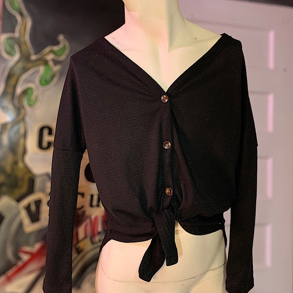 Black Button Down High Low Top - Picture 1 of 7